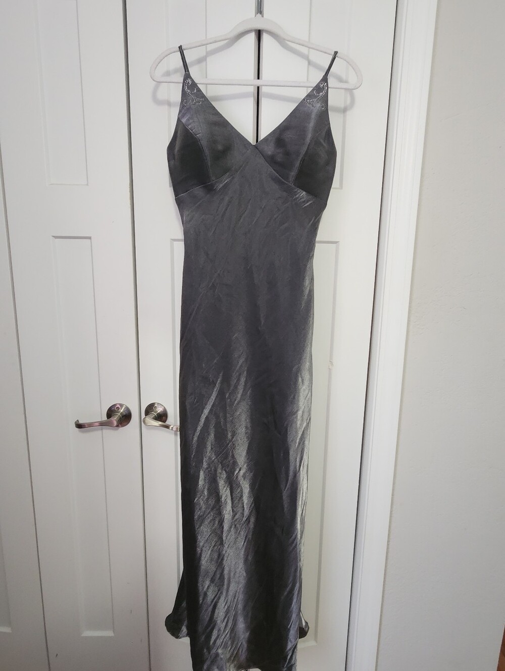 Y2K Elegant Silver Satin Slip Dress with V-Neck And Back-Tie Detail